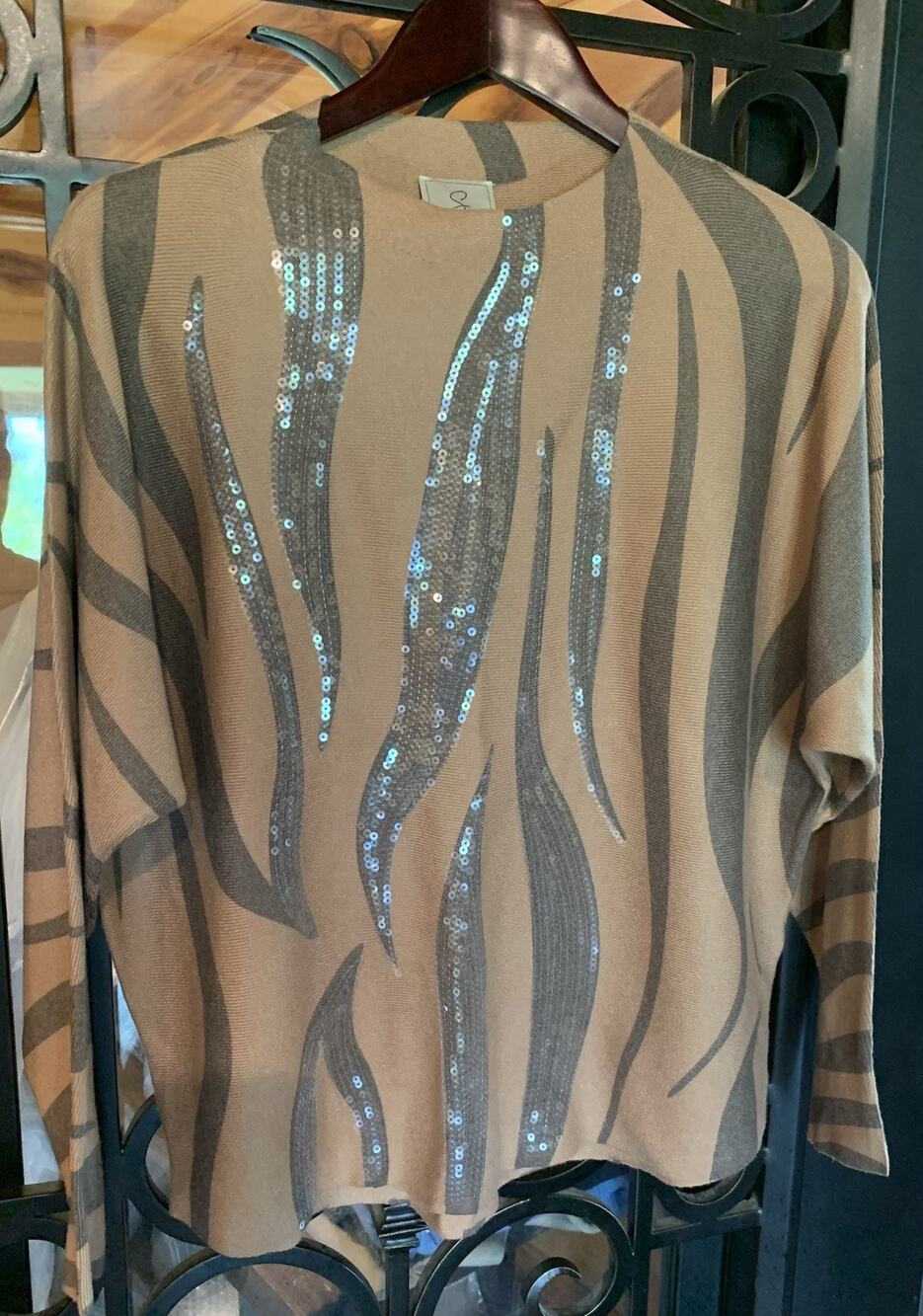 Sioni Zebra Print Sequin Knit Pullover Dark Beige Long Sleeve Size L